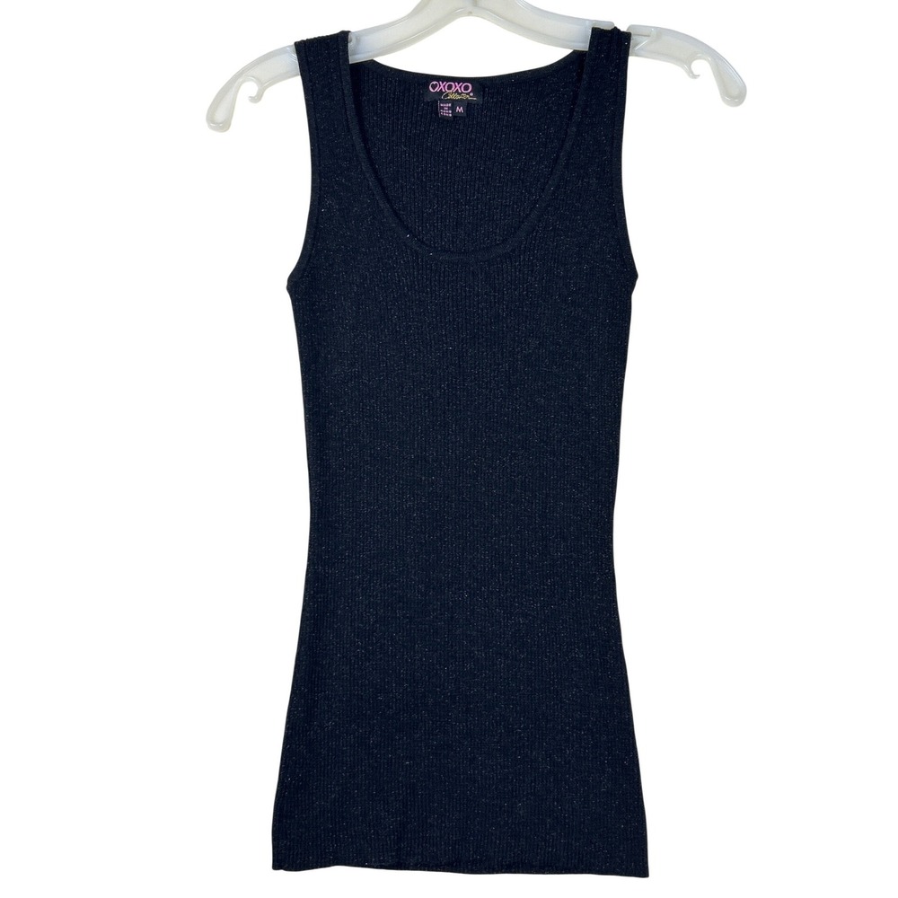 OXOXO Collection Womens Ribbed Knit Metallic Shimmer Tank Top Black Medium